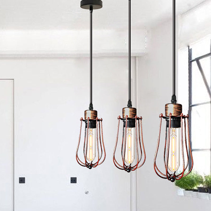 Wrought Iron Caged Pendant Light Rustic Industrial - Coffee Shop Suspension In Aged Silver/Copper