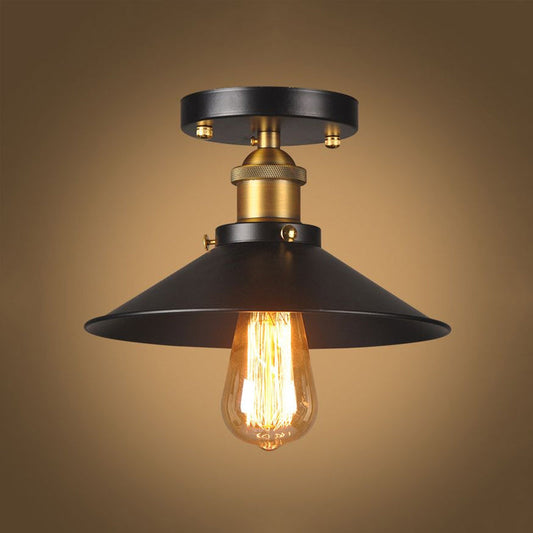 9.5-10 Dia Flat Shade Ceiling Mounted Light: Industrial Metallic Single Head Flush Light In Black