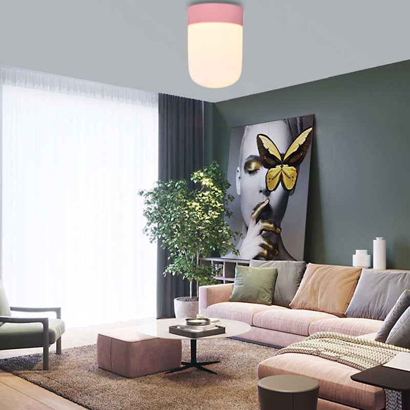 Modernist Metal & Frosted Glass Flush Mount Light - Pink/Gray Ceiling Lighting