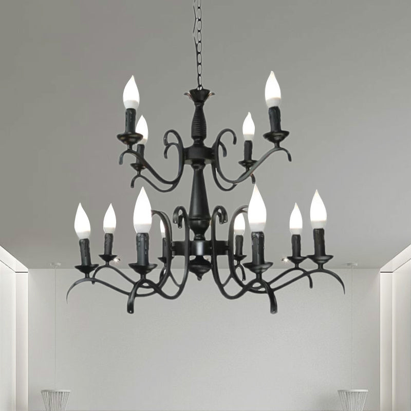 Lustre à bougie sans flamme à 3/5 têtes de style vintage - Lampe suspendue métallique noire pour salon