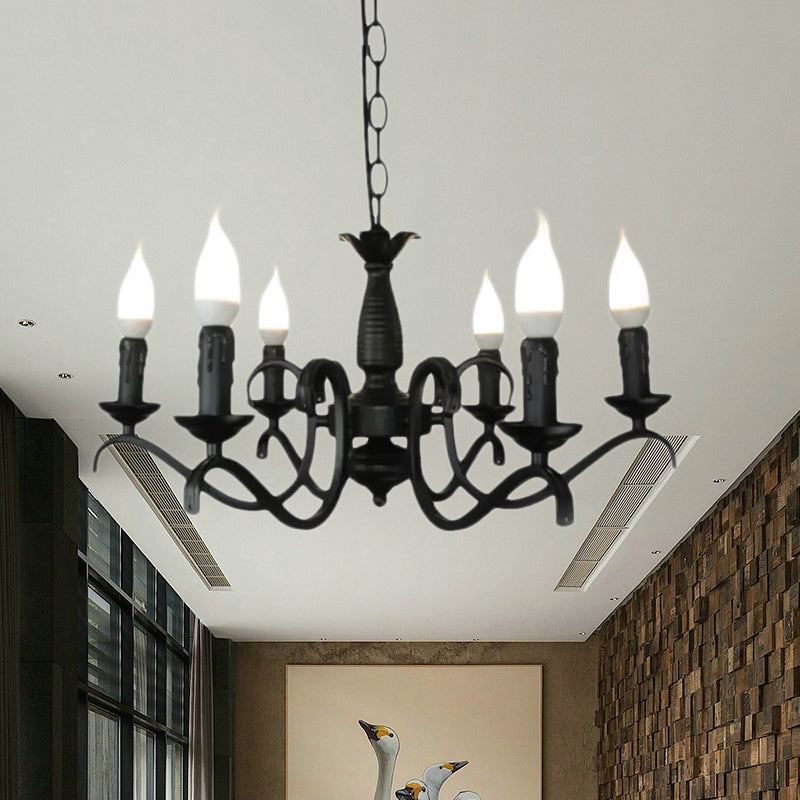 Lustre à bougie sans flamme à 3/5 têtes de style vintage - Lampe suspendue métallique noire pour salon