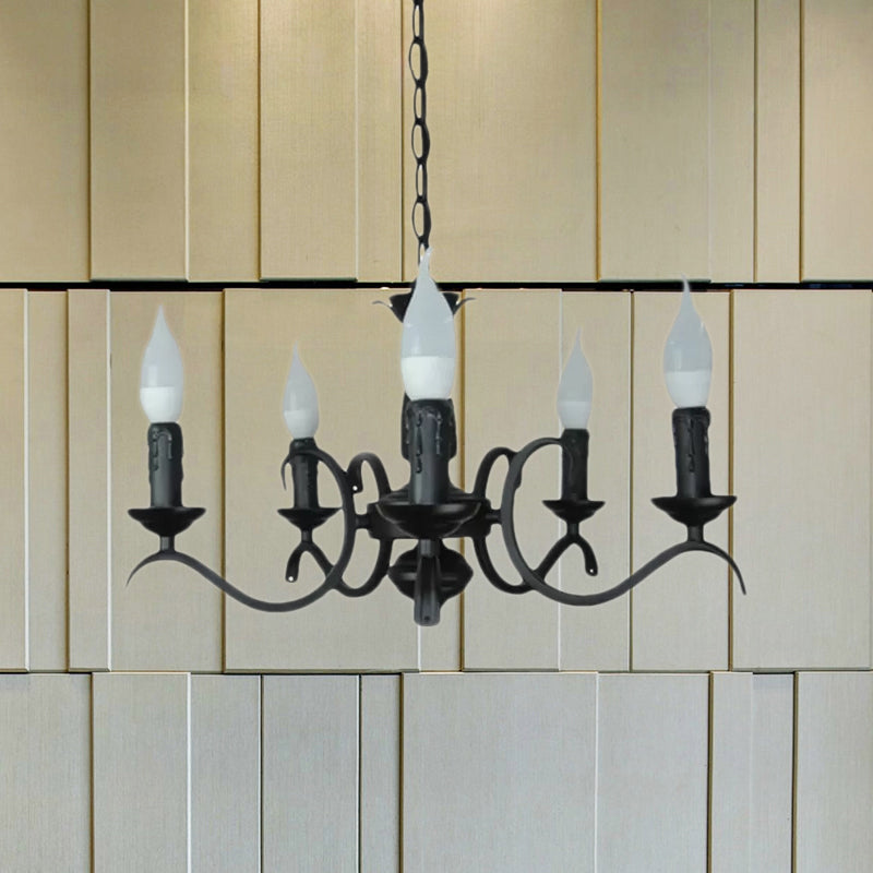 Lustre à bougie sans flamme à 3/5 têtes de style vintage - Lampe suspendue métallique noire pour salon