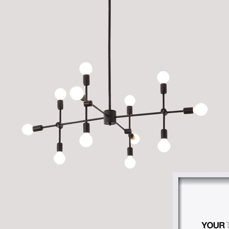 Lustre industriel en métal : design ouvert, 9/12 lumières, suspension noire/laiton pour salle à manger