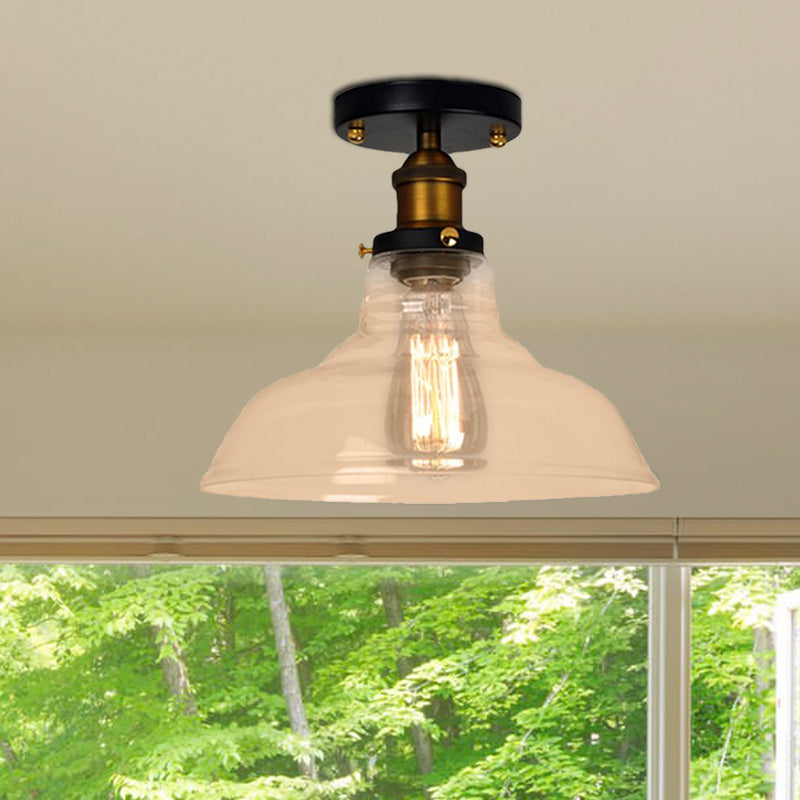 Plafonnier semi-monté de style grange vintage avec abat-jour en verre transparent/ambre - Idéal pour la chambre à coucher, luminaire à 1 ampoule