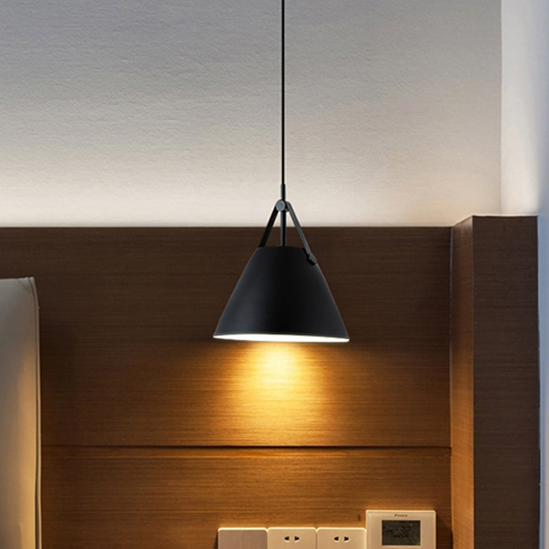 Modernist Conical Pendant Lighting - Metallic Suspension Light with Leather Strap - Black/Blue - 10.5"/14" W - 1 Bulb - Perfect for Tables
