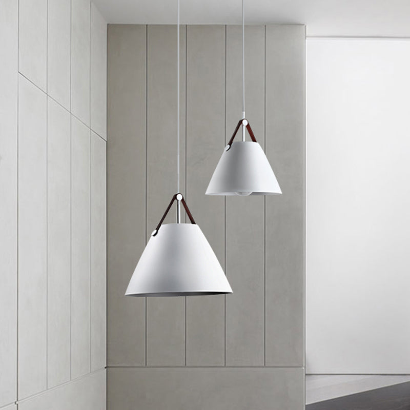 Modernist Conical Pendant Lighting - Metallic Suspension Light with Leather Strap - Black/Blue - 10.5"/14" W - 1 Bulb - Perfect for Tables