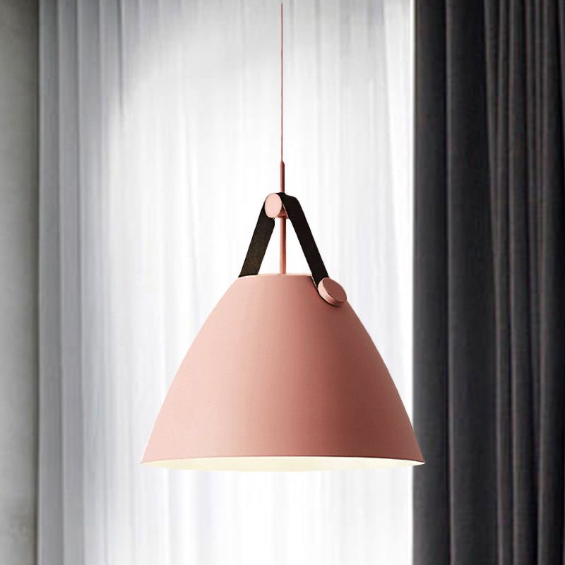 Modernist Conical Pendant Lighting - Metallic Suspension Light with Leather Strap - Black/Blue - 10.5"/14" W - 1 Bulb - Perfect for Tables