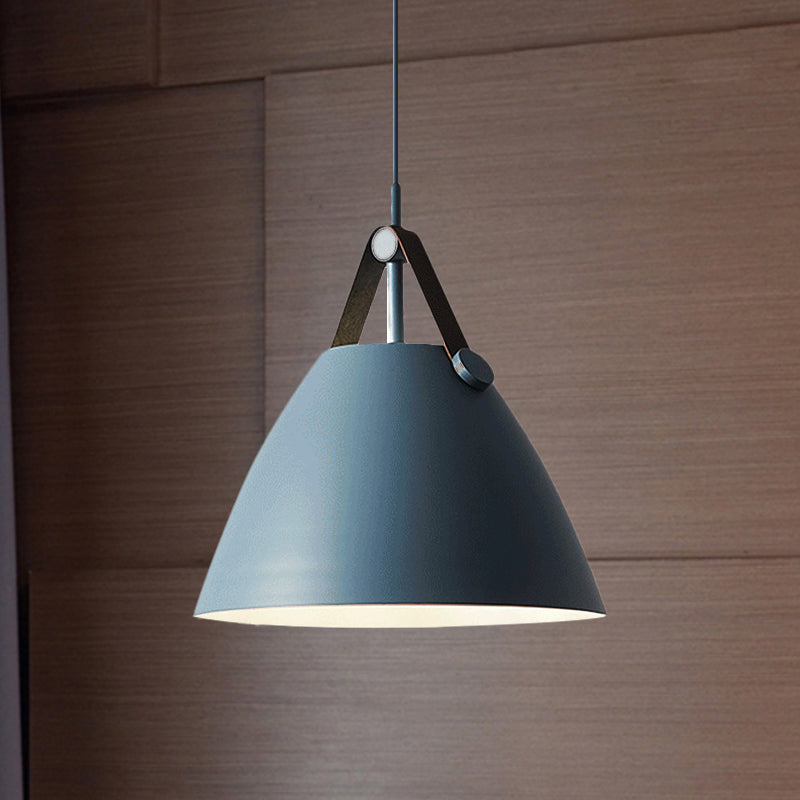 Modernist Conical Pendant Lighting - Metallic Suspension Light with Leather Strap - Black/Blue - 10.5"/14" W - 1 Bulb - Perfect for Tables