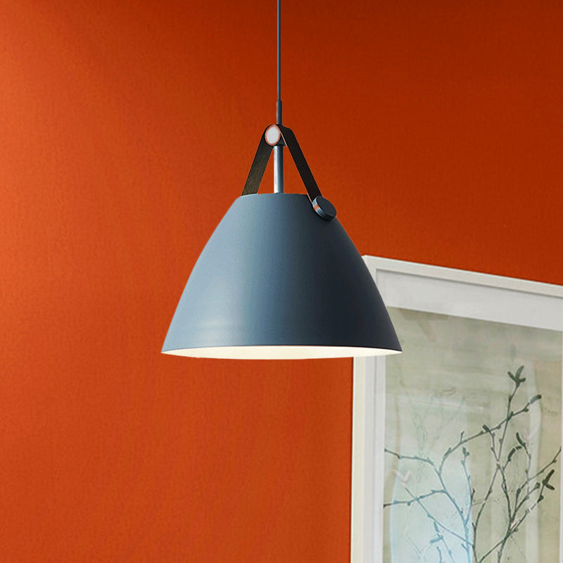 Modernist Conical Pendant Lighting - Metallic Suspension Light with Leather Strap - Black/Blue - 10.5"/14" W - 1 Bulb - Perfect for Tables