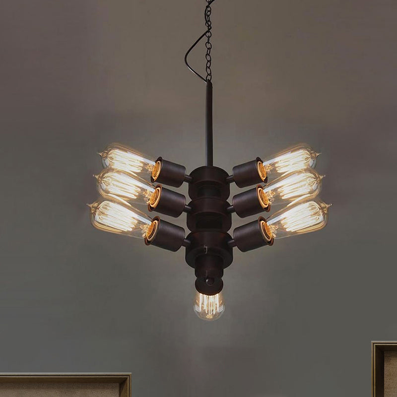 Vintage Black Finish Metal Bare Bulb Chandelier with Hanging Rod - 3/4/5 Lights for Bar