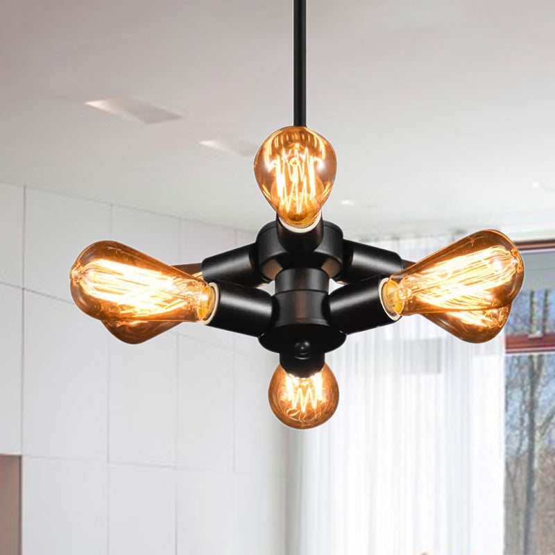 Vintage Black Finish Metal Bare Bulb Chandelier with Hanging Rod - 3/4/5 Lights for Bar