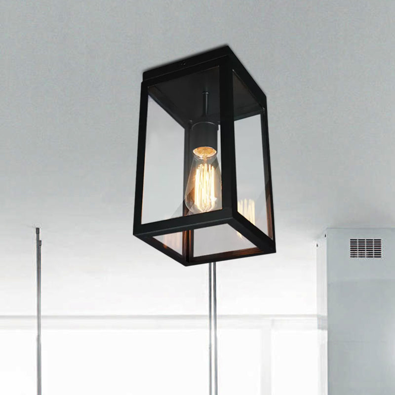 Rectangular Shade Clear Glass Ceiling Light Fixture - 1 Light, Traditional, Flush Mount in Black for Living Room