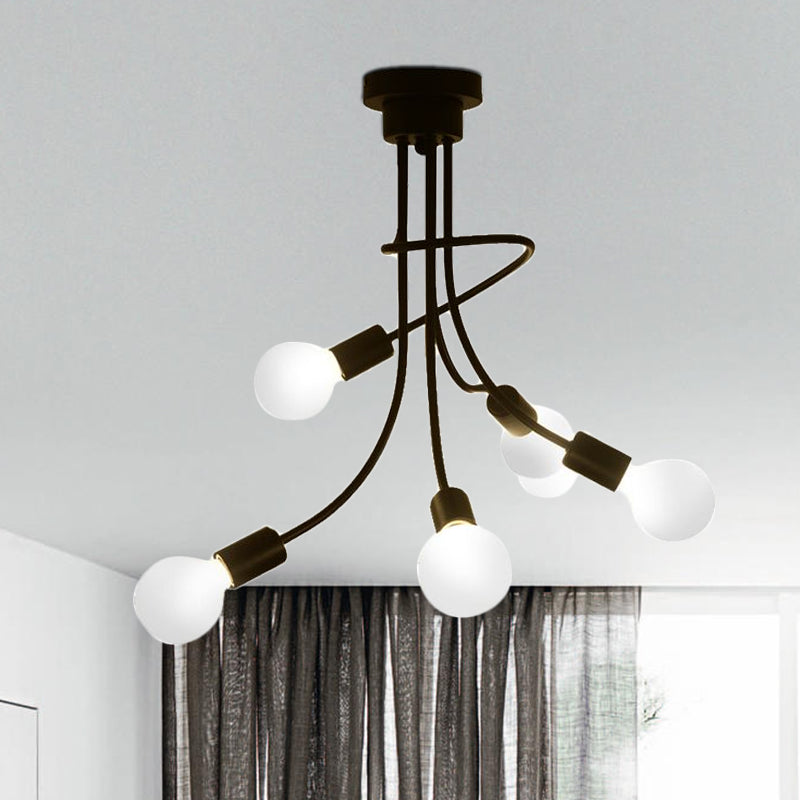 Vintage Bare Bulb Ceiling Light - Black/Gold Metallic Semi Flush with Curved Arm for Bedroom