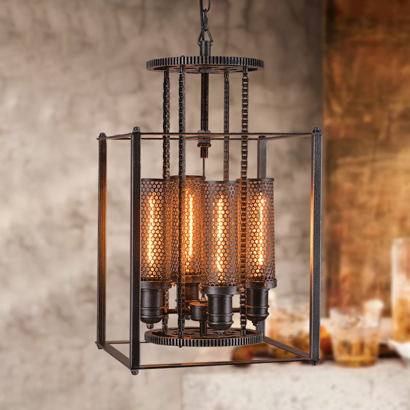 Suspension en métal de style antique avec abat-jour cylindrique - Lampe lustre d'intérieur à 4 lumières (noir)