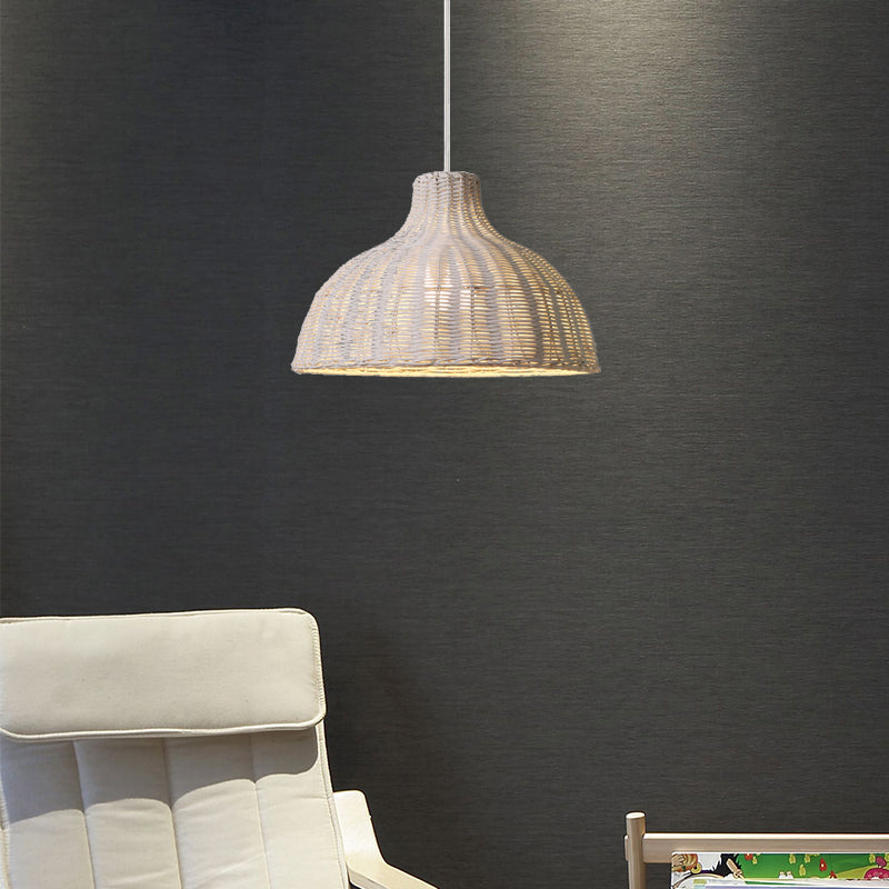 Rattan Beach House Pendant Light - 1 Half Circle Fixture With Adjustable Cord In White/Brown