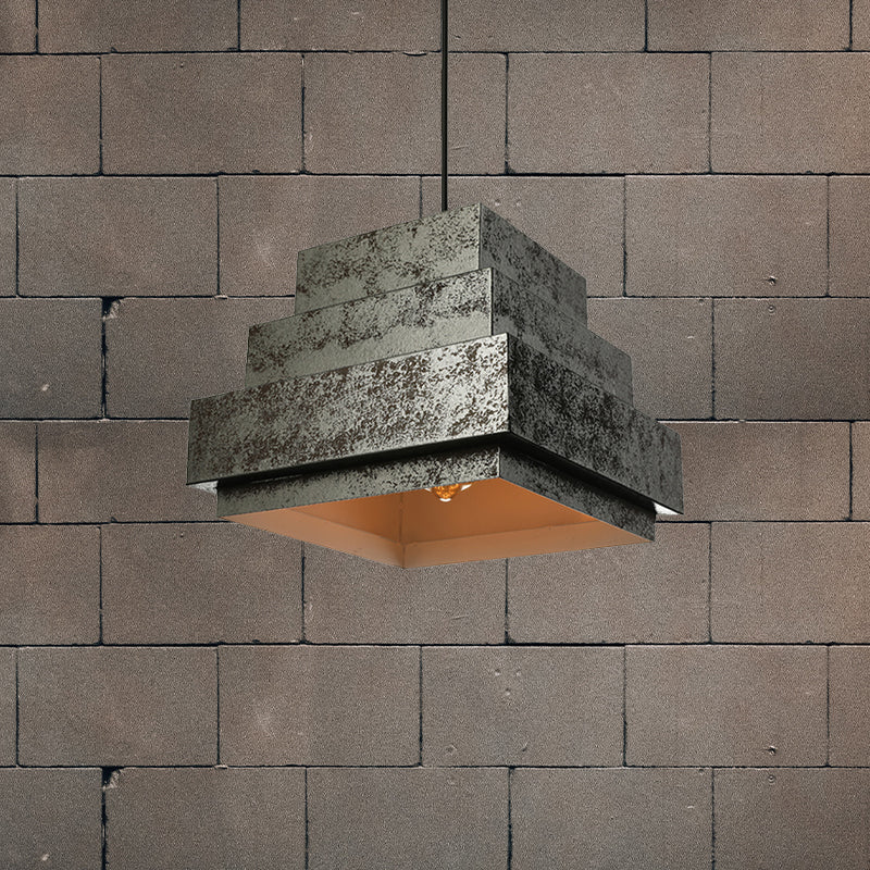 Ensemble de luminaires suspendus en métal de style antique - Carré/trapèze, 4 lumières - Cordon réglable, noir vieilli - Idéal pour les restaurants