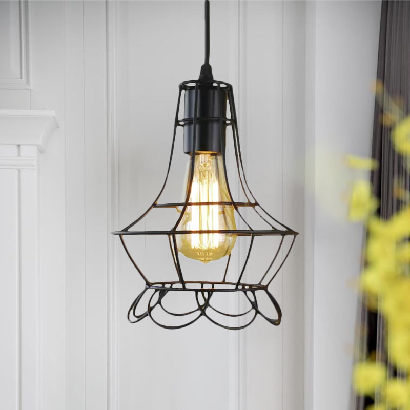 Industrial Metal Pendant Lighting with Height Adjustable Flower Cage Shade - Perfect for Bedroom Ceilings