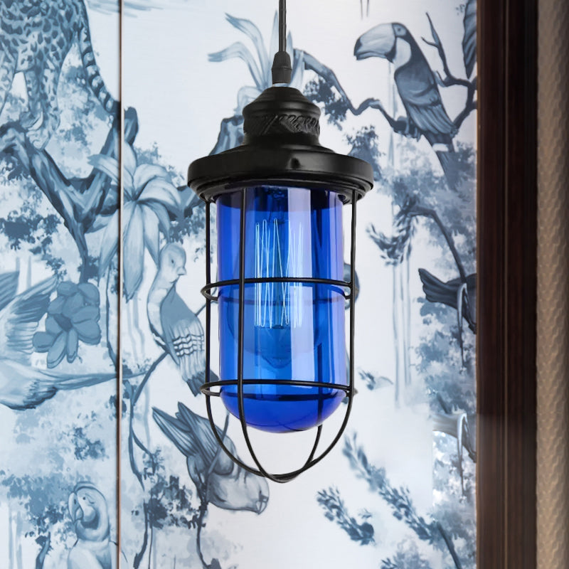 Suspension vintage en verre avec cage en noir - Plafonnier suspendu à une ampoule pour salon