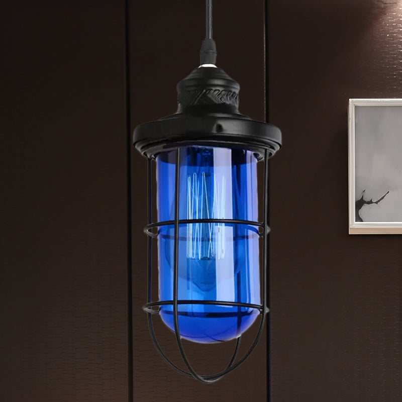 Vintage Black Single-Bulb Pendant Ceiling Light Fixture With Yellow/Green/Clear Glass Cage For