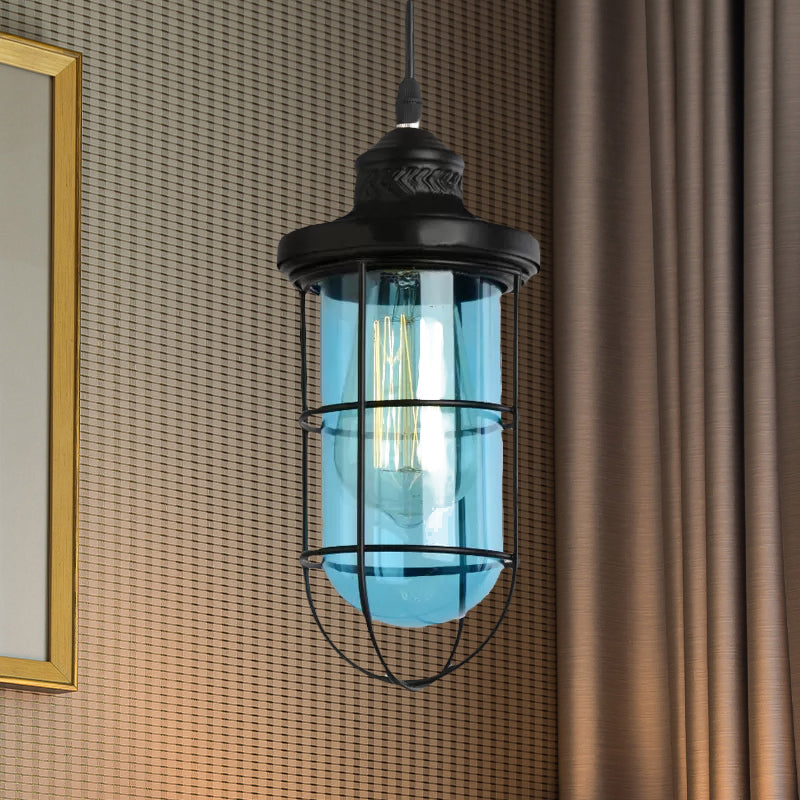 Suspension vintage en verre avec cage en noir - Plafonnier suspendu à une ampoule pour salon