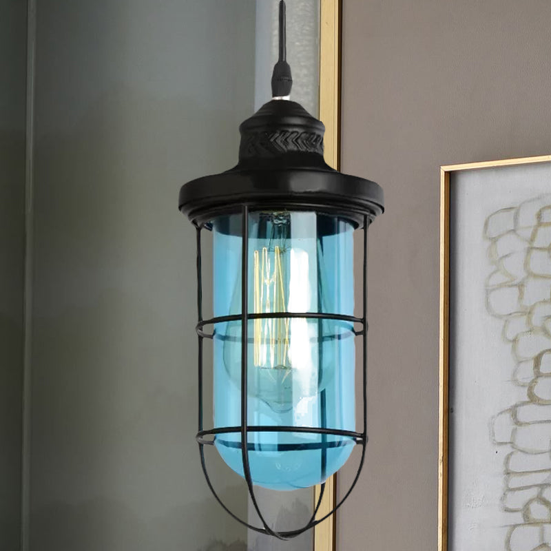 Suspension vintage en verre avec cage en noir - Plafonnier suspendu à une ampoule pour salon
