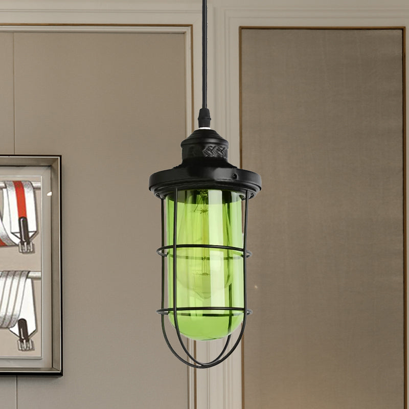 Suspension vintage en verre avec cage en noir - Plafonnier suspendu à une ampoule pour salon