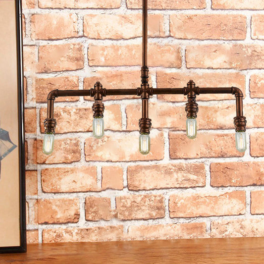 Vintage Bronze Island Hanging Light With Exposed Bulb - 5 Lights Coffee Shop Ceiling Fixture