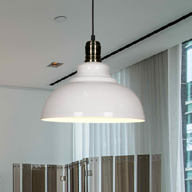Plafonnier suspendu métallique de style industriel - 12"/14"/16" de diamètre, 1 lampe, abat-jour en forme de bol, intérieur noir/blanc