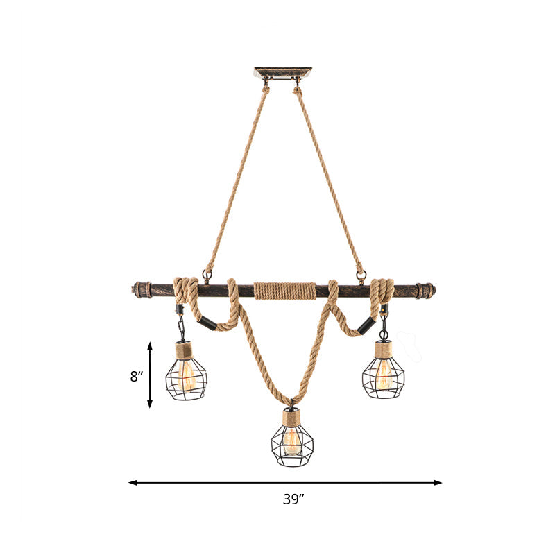 Vintage Style Globe Cage Island Lighting With 3 Heads Beige Metal And Rope Hanging Light For Dining