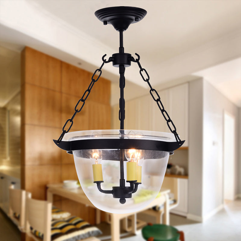 Lustre industriel en verre transparent - Luminaire suspendu noir à 3 lumières pour salle à manger avec design en forme de dôme et chaîne