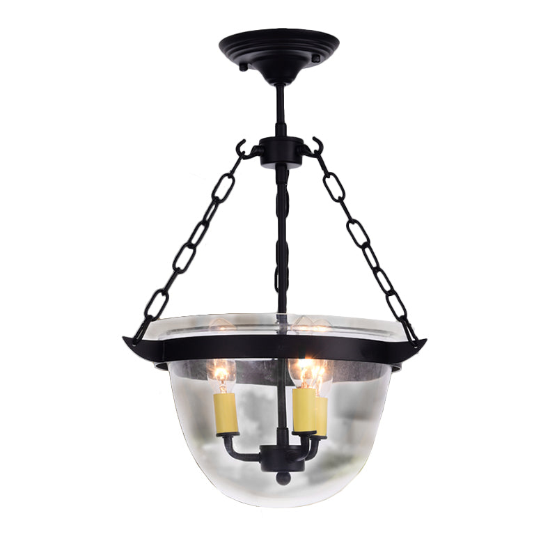 Lustre industriel en verre transparent - Luminaire suspendu noir à 3 lumières pour salle à manger avec design en forme de dôme et chaîne