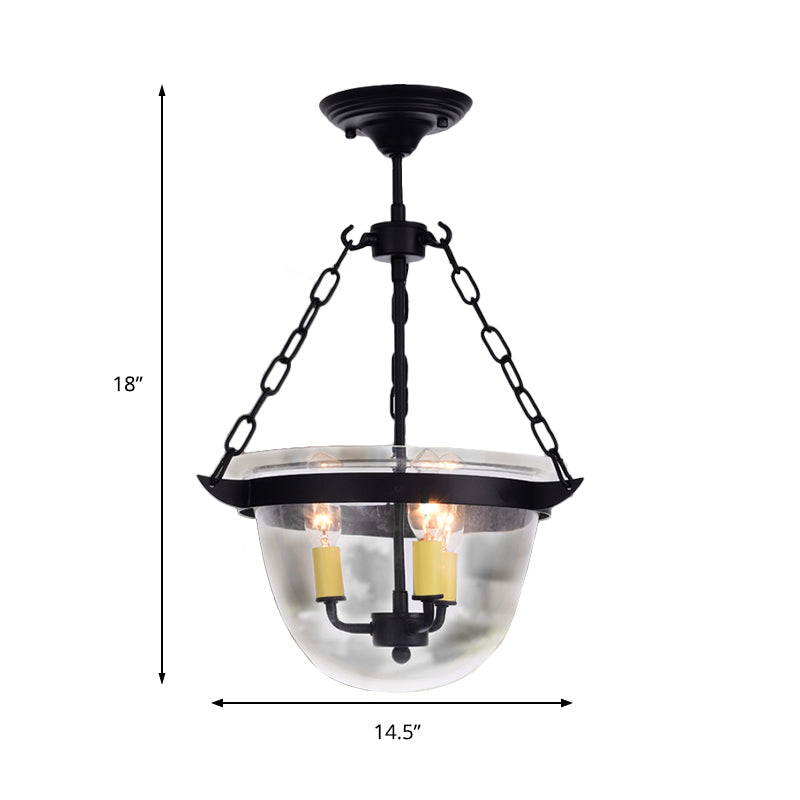Lustre industriel en verre transparent - Luminaire suspendu noir à 3 lumières pour salle à manger avec design en forme de dôme et chaîne