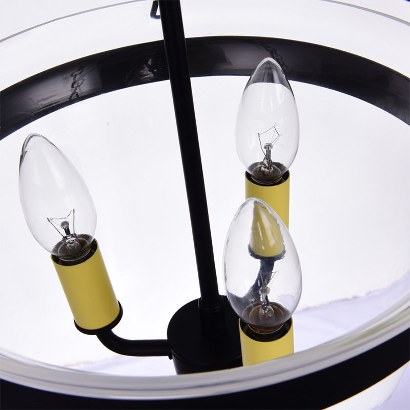 Lustre industriel en verre transparent - Luminaire suspendu noir à 3 lumières pour salle à manger avec design en forme de dôme et chaîne