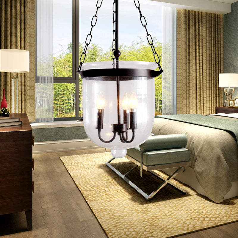 Lustre industriel en verre transparent - Luminaire suspendu noir à 3 lumières pour salle à manger avec design en forme de dôme et chaîne
