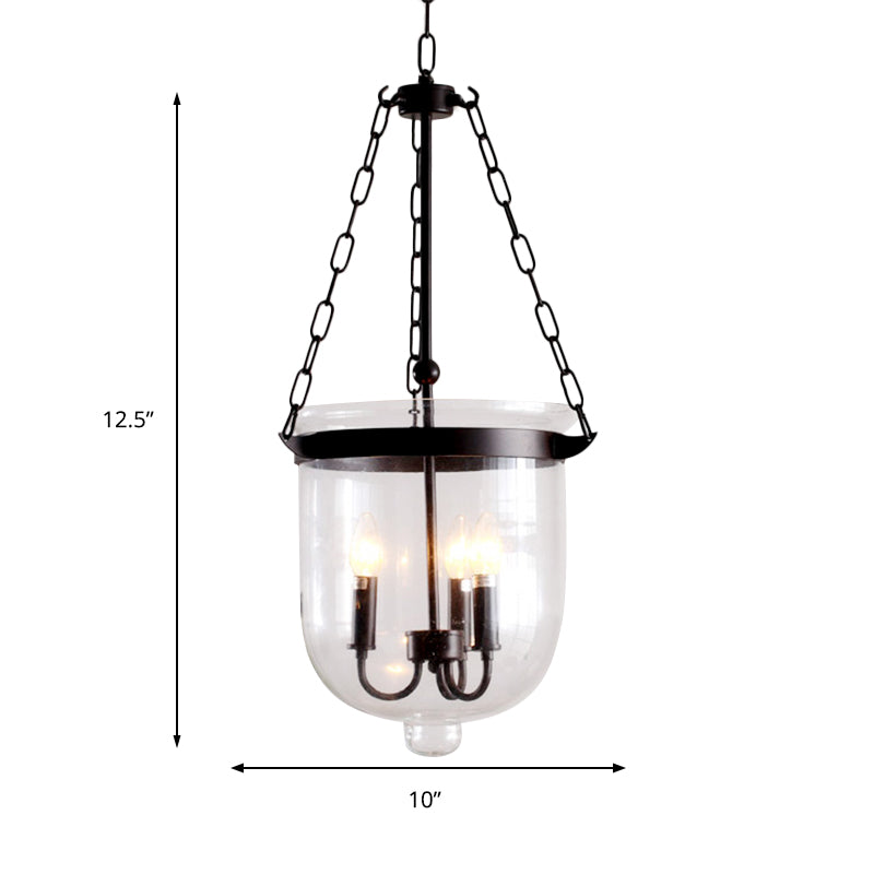 Lustre industriel en verre transparent - Luminaire suspendu noir à 3 lumières pour salle à manger avec design en forme de dôme et chaîne