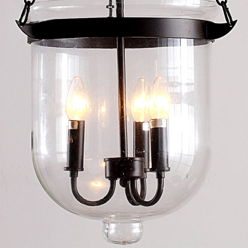 Lustre industriel en verre transparent - Luminaire suspendu noir à 3 lumières pour salle à manger avec design en forme de dôme et chaîne