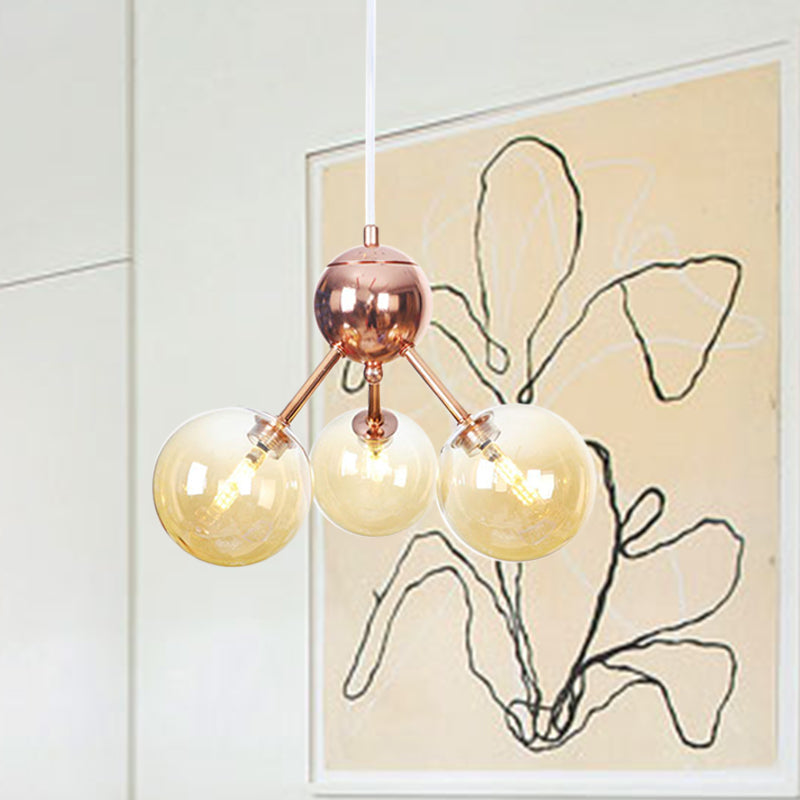 Vintage Copper Chandelier with Clear/Amber Glass Orb Shades - 3/9/12 Lights, Branch Design - 13"/27.5"/34" W