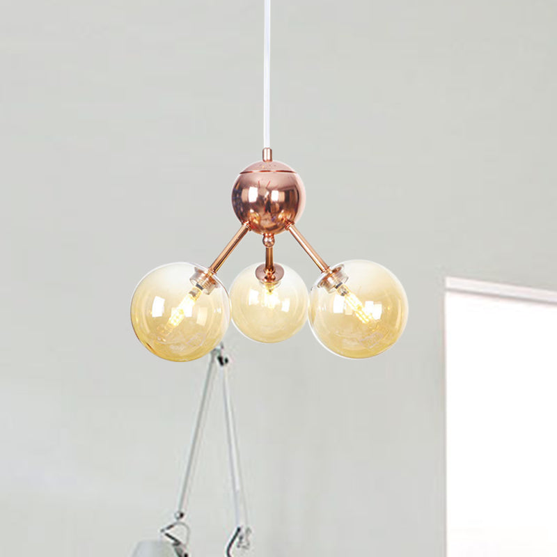 Vintage Copper Chandelier with Clear/Amber Glass Orb Shades - 3/9/12 Lights, Branch Design - 13"/27.5"/34" W