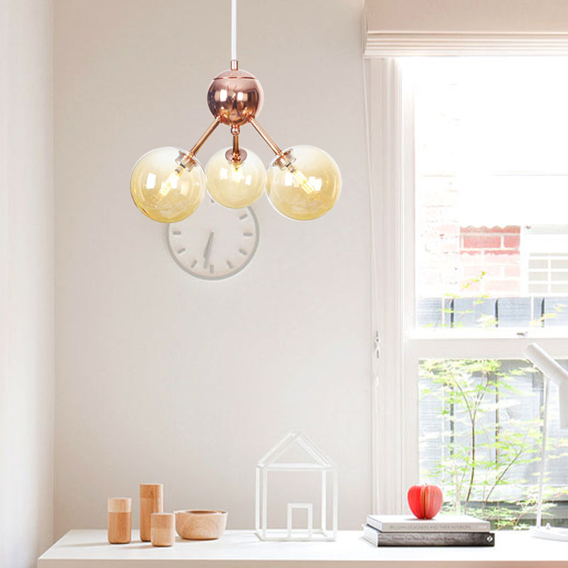 Vintage Copper Chandelier with Clear/Amber Glass Orb Shades - 3/9/12 Lights, Branch Design - 13"/27.5"/34" W