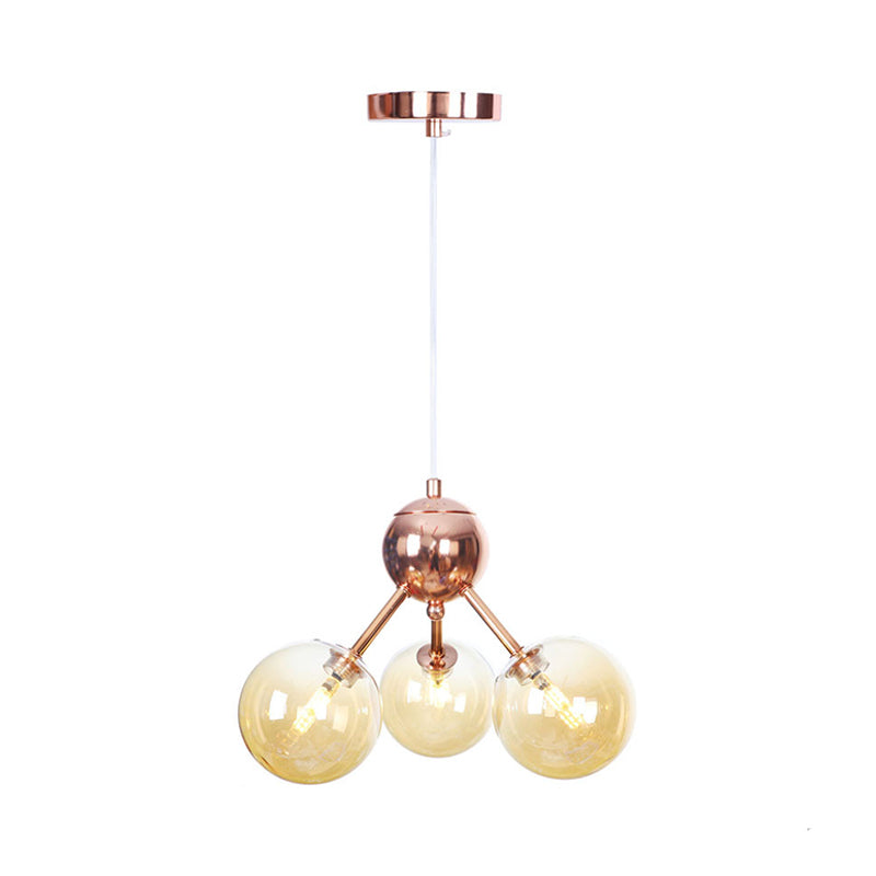 Vintage Copper Chandelier with Clear/Amber Glass Orb Shades - 3/9/12 Lights, Branch Design - 13"/27.5"/34" W