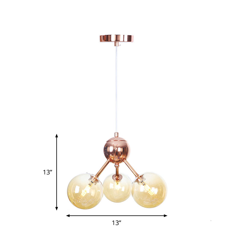 Vintage Copper Chandelier with Clear/Amber Glass Orb Shades - 3/9/12 Lights, Branch Design - 13"/27.5"/34" W
