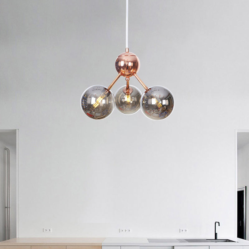 Vintage Copper Chandelier with Clear/Amber Glass Orb Shades - 3/9/12 Lights, Branch Design - 13"/27.5"/34" W