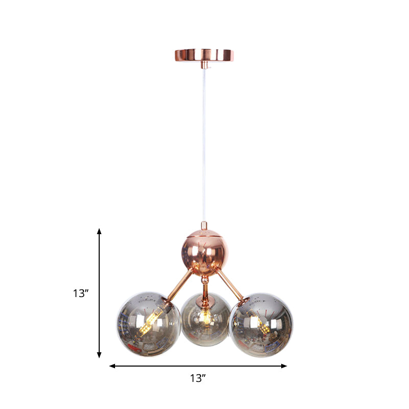 Vintage Copper Chandelier with Clear/Amber Glass Orb Shades - 3/9/12 Lights, Branch Design - 13"/27.5"/34" W
