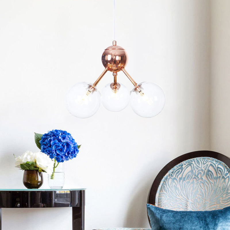Vintage Copper Chandelier with Clear/Amber Glass Orb Shades - 3/9/12 Lights, Branch Design - 13"/27.5"/34" W