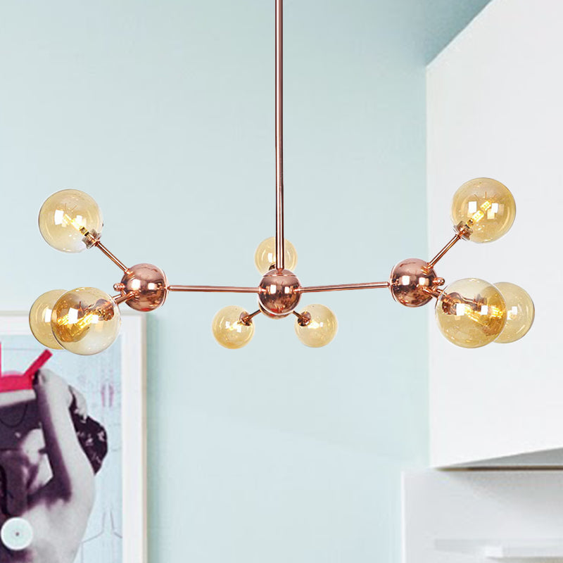 Vintage Copper Chandelier with Clear/Amber Glass Orb Shades - 3/9/12 Lights, Branch Design - 13"/27.5"/34" W