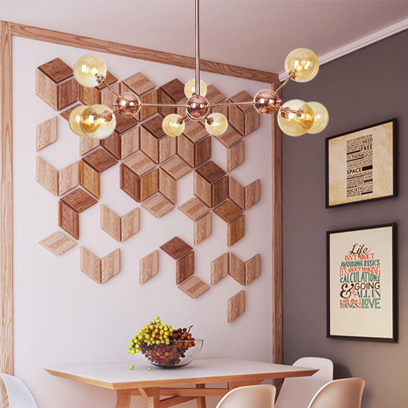Vintage Copper Chandelier with Clear/Amber Glass Orb Shades - 3/9/12 Lights, Branch Design - 13"/27.5"/34" W