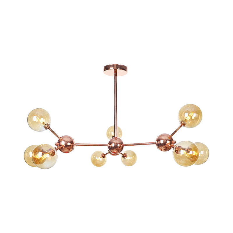 Vintage Copper Chandelier with Clear/Amber Glass Orb Shades - 3/9/12 Lights, Branch Design - 13"/27.5"/34" W