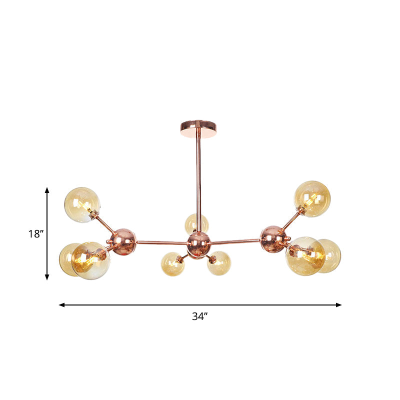Vintage Copper Chandelier with Clear/Amber Glass Orb Shades - 3/9/12 Lights, Branch Design - 13"/27.5"/34" W