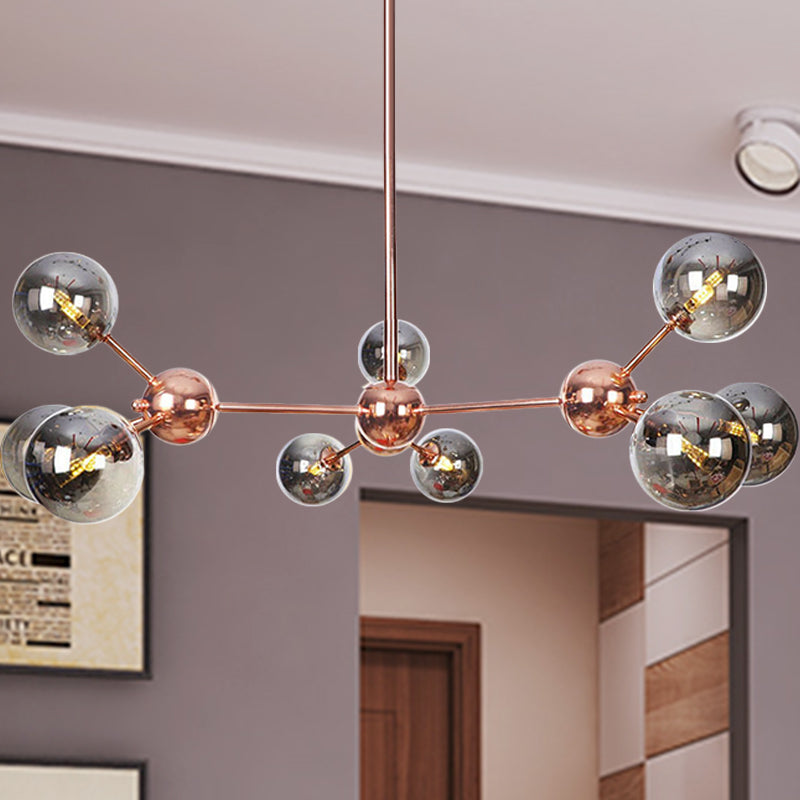 Vintage Copper Chandelier with Clear/Amber Glass Orb Shades - 3/9/12 Lights, Branch Design - 13"/27.5"/34" W