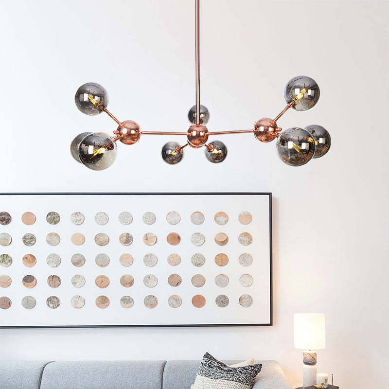 Vintage Copper Chandelier with Clear/Amber Glass Orb Shades - 3/9/12 Lights, Branch Design - 13"/27.5"/34" W